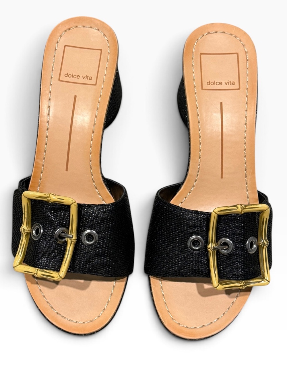 Dolce Vita Dasa Black Raffia Bamboo Buckle Block Heel Slide Sandals